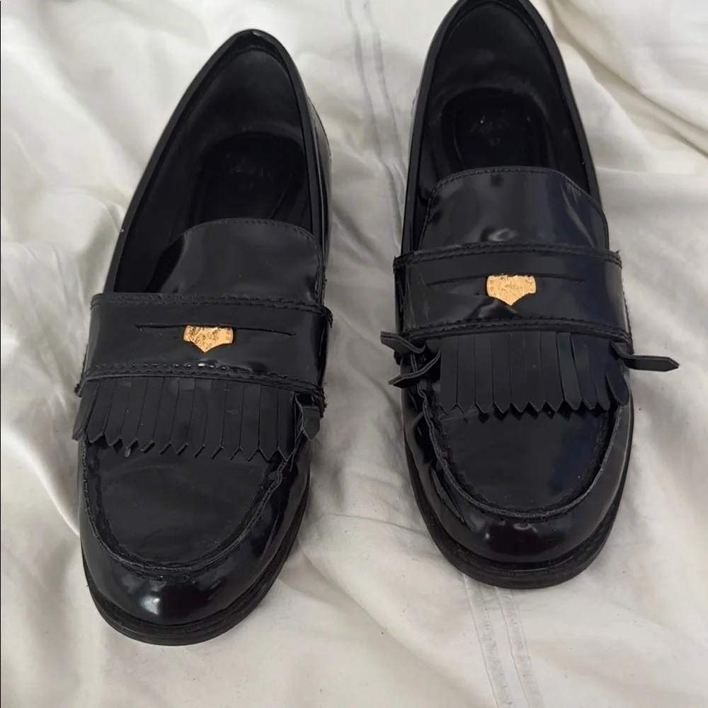 Zara Black Patent Leather Tassel Loafers with Gold Accent